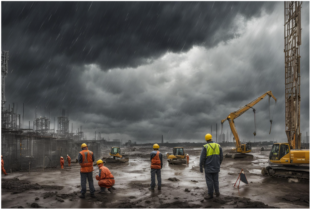Construction crew and excavators on a muddy site under heavy rain clouds